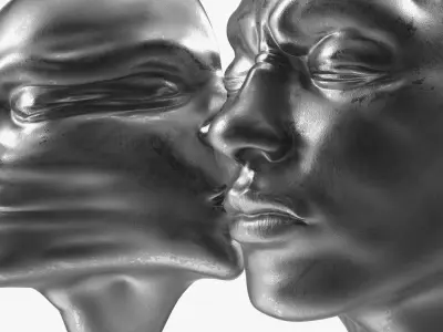 Dual-Face Sculpture with Kiss Motif Silver 3D model