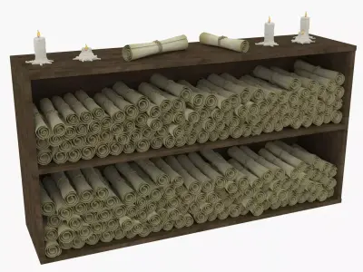 Old shelf with scrolls and candles 3D model