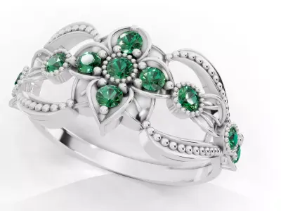Wide Floral Cluster Ring Art Nouveau Beaded Edges Cad File 3D print model