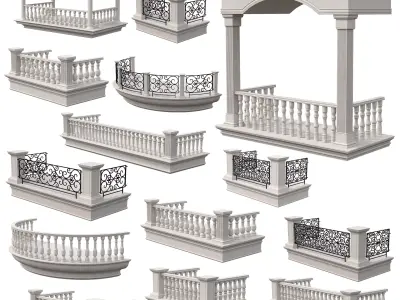 14 Classic Balconies With Marble Balusters and Wrought  3D model