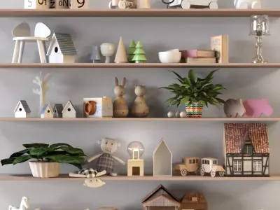 Toy set wooden shelf with toys 3D model