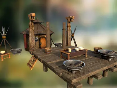 Building set PBR low-poly 3D model wooden cross 3D Model Collection