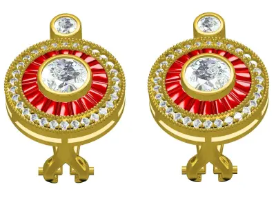 Red Baguette Round Shaped Omega Earring 3D print model