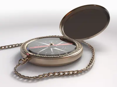 An intricate gold antique pocket watch attached to a chain 3D model