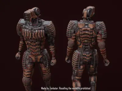 Bloody horror robot with ribbed armor plates Low-poly 3D model