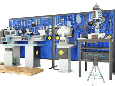 workbench garage tools and lathe grinder drilling machine 3D model