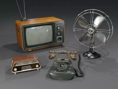 Old electronics including TV Fan Telephone and Radio 3D Model Pack