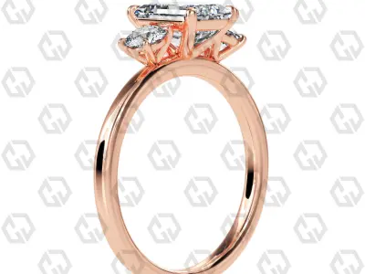 Ring 103 Emerald Shape 3 stone ring with round 3D print model