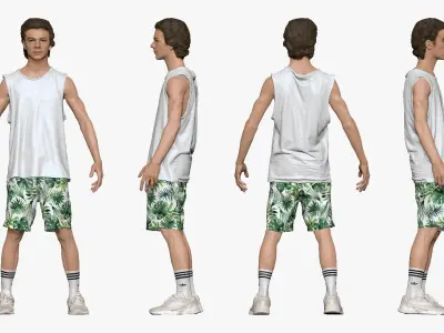 001247 junior boy in tank top palm shirts A pose Low-poly 3D model