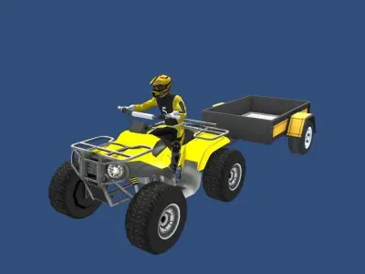 LowPolyQuadBikeWithTrailerandRider-5 atv with trailer Low-poly 3D model