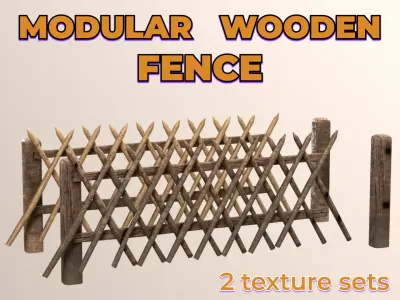 Rustic Wooden Fence village country fencing railing Low-poly 3D model