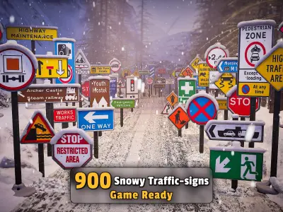 900 Snowy Traffic Signs Collection  Game Ready Low-poly 3D model