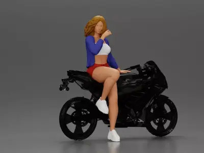 Confident woman sitting gracefully on a sleek modern sportbike 3D print model