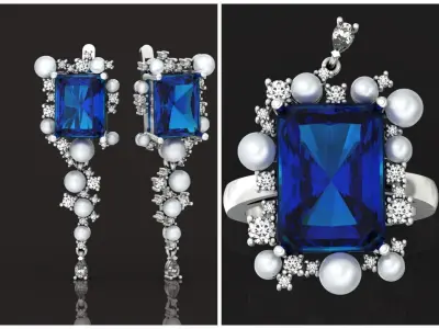 vintage set ring earrings with pearls and radiant 1251 3D Model Pack