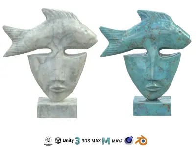 Fish face marble statues Low-poly 3D model