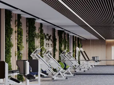 gymnasium gym with exercise machines and plants 3D model