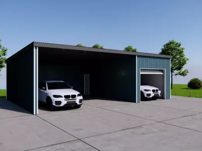 Modern Double Garage with Carport-Metal Shed Storage Building 3D model