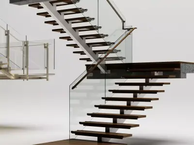Modern Floating Stairs Glass Railing Architectural Pack PBR 3D model