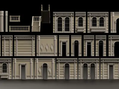 CLASSIC EUROPEAN KITBASH 06 MODULAR BUILDING WITH INTERIOR Low-poly 3D model