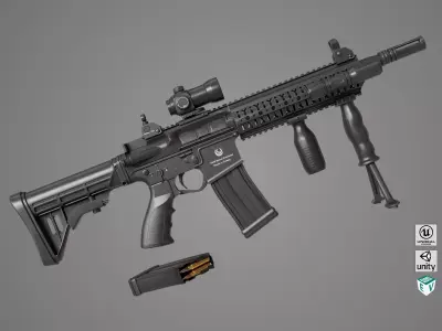 Machine Gun 17 Black Rigged All PBR Unity UE Textures  Low-poly 3D model