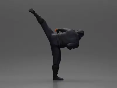 Ninja in black uniform performs high side kick with precision 3D print model