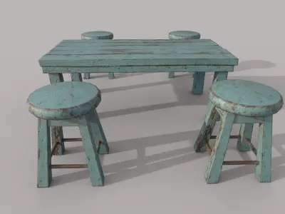 Old Stool and Table Low-poly 3D model