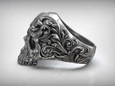 Silver Skull Oxidized Ring Baroque Style 3D print model