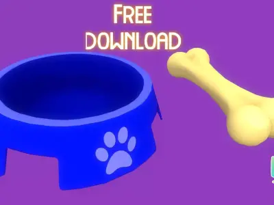 Stylized Blue Pet Bowl and Bone Toy Free low-poly 3D model