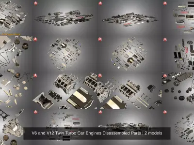V6 and V12 Twin Turbo Car Engines Disassembled Parts 3D Model Pack purchase