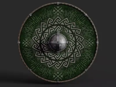 Slavic round leather shield-painted green with pagan symbol Low-poly 3D model