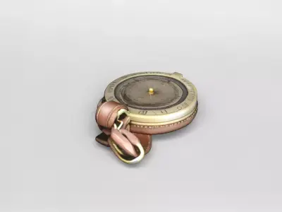 Vintage Brass Compass with Leather Case 3D Model 3D model