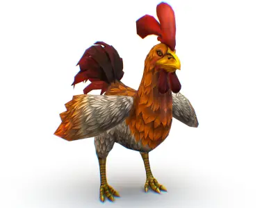 Colorful Rooster With Red Tail Detailed Feathers Low-poly 3D model