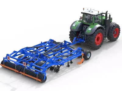 Fendt 1050 Vario Tractor with Star Wheel Soil Cultivator Low-poly 3D model