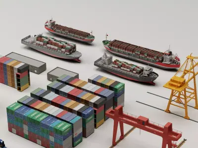 Port Logistics Container Terminal Cargo Ship Crane Asset Pack 3D model