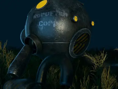 Submarine robot in tall grass at night Low-poly 3D model