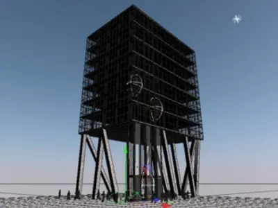 Modern glass building on stilts with animated elevators Free 3D model