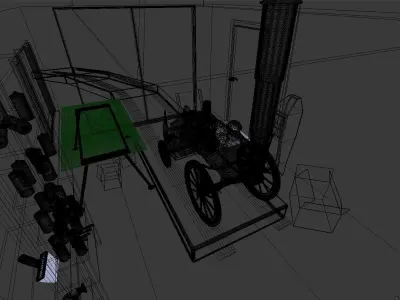 Steam cartoon locomotive in a glazed garage 3D model