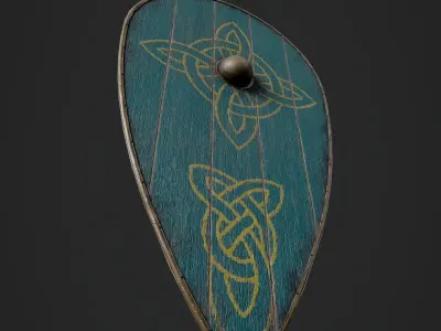 Slavic kite wooden shield-painted turquoise with celtic symbol Low-poly 3D model