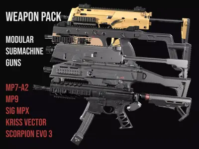 Modular Modern SMG gun Weapon Pack 3D Model Collection