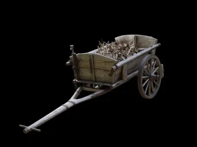 Wooden Cart with sticks Loaded Low poly 3D model