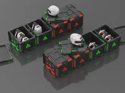 Futuristic Storage Crate with Sci-Fi Helmets 3D model