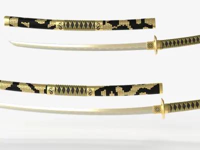 Gold Double Bladed Katana Wakizashi and Stand 3D model