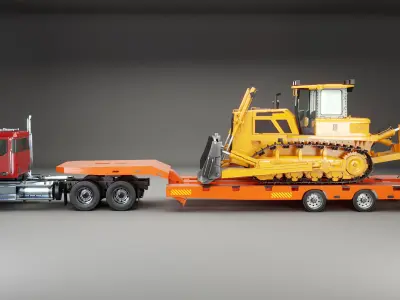 Generic Semi Truck and Low Loader Trailer with Bulldozer 3D model