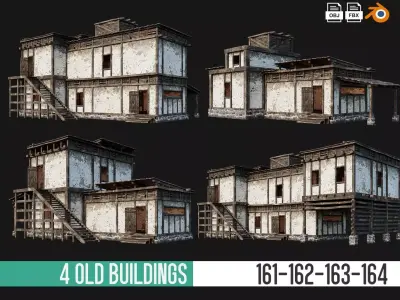 4 Old House Buildings Pack 4K Textures GameReady 161 to 164 Low-poly 3D model