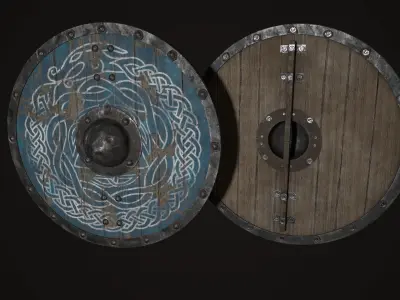 Medieval viking round shield with Midgard serpent Game ready Low-poly 3D model
