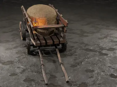 Stylized medieval cart with a lamp and hay Low-poly 3D model purchase