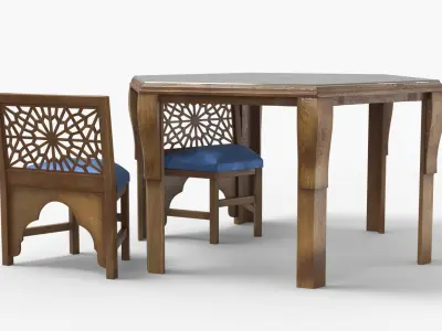 Arabic Wooden Table with Blue Cushioned Chairs 3D model