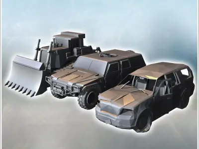Set of three post-apocalyptic vehicles with vehicle carcasses bu 3D print model