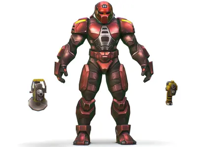 Cartoon Sci-Fi Cyborg Drone Heavy Machine Gunner Low-poly 3D model 4