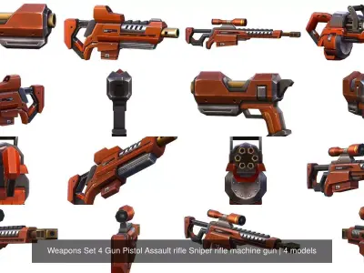 Weapons Set 4 Gun Pistol Assault rifle Sniper rifle machine gun 3D Model Pack shop